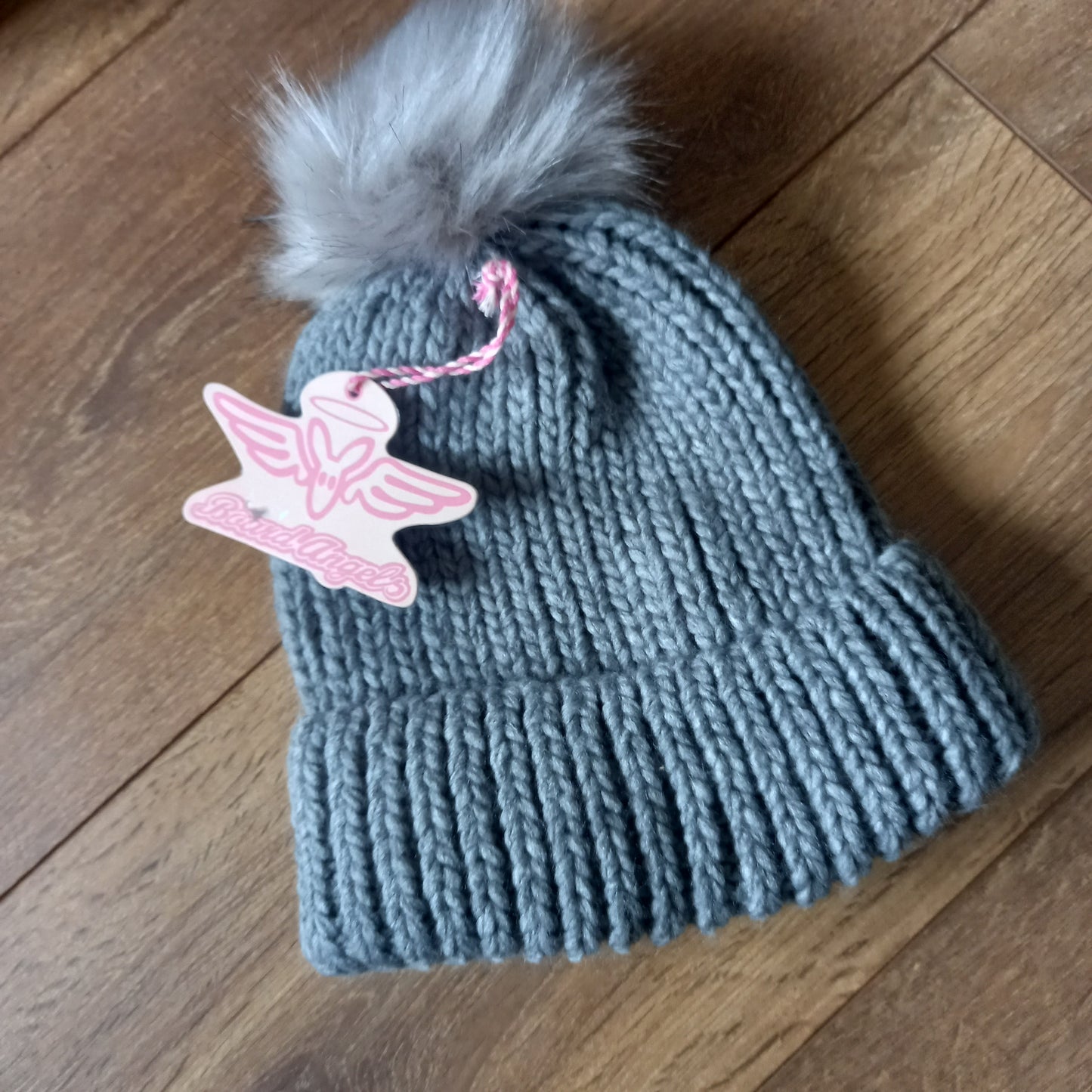 Board Angels Womens Rib Hat With Faux Fur Pom Pom Grey Marl