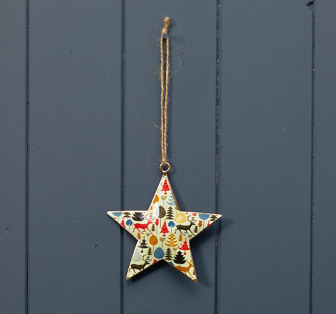 Festive Print Metal Tree Decorations - Tree or Star