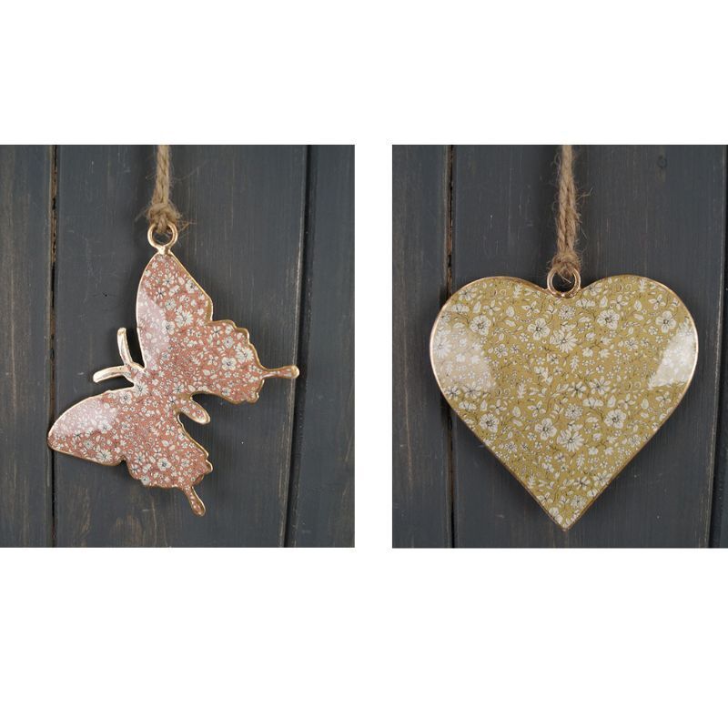 Hanging Metal Decorations - Green Heart or Brown Butterfly
