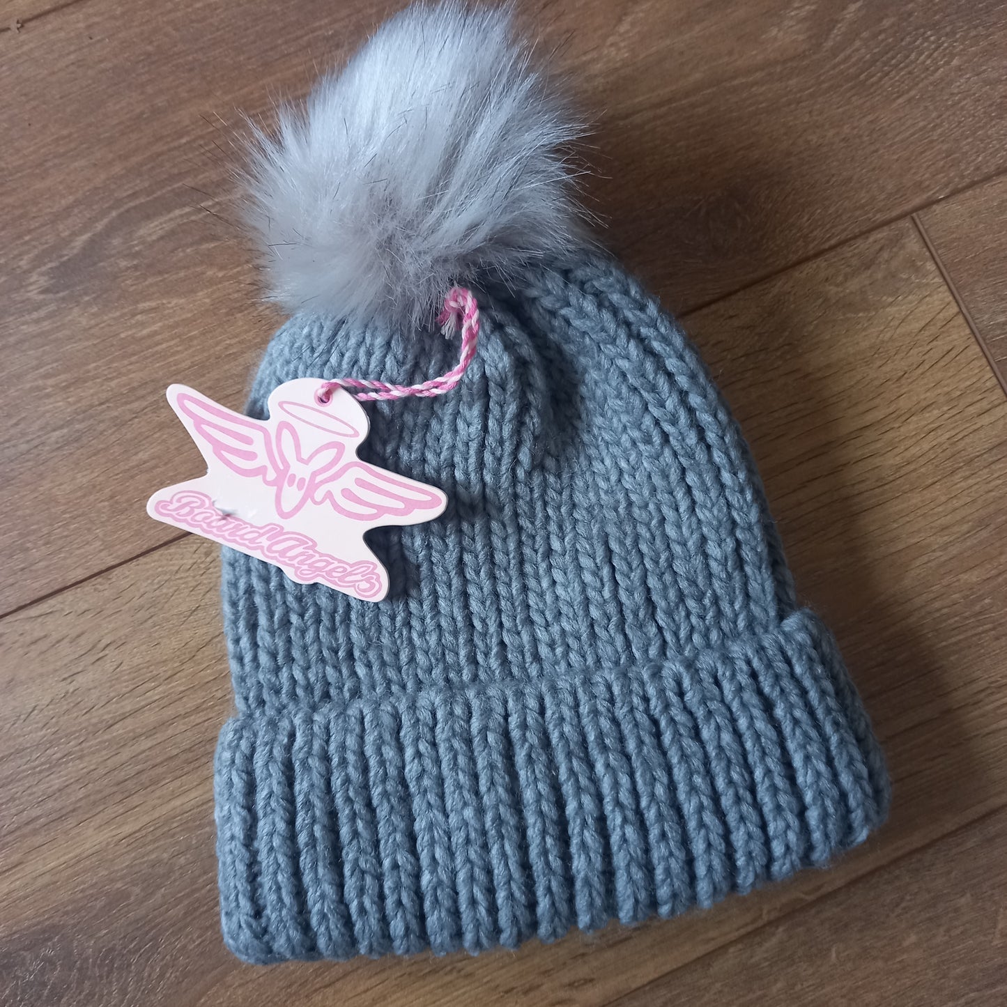 Board Angels Womens  Rib Hat With Faux Fur Pom Pom Grey Marl