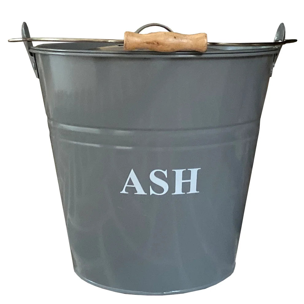Large Metal Fireside Fireplace Ash Bucket with Lid in French Grey