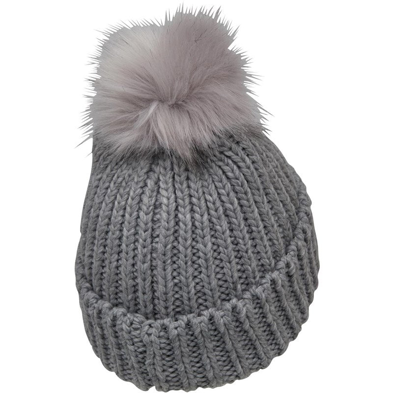 Board Angels Womens  Rib Hat With Faux Fur Pom Pom Grey Marl